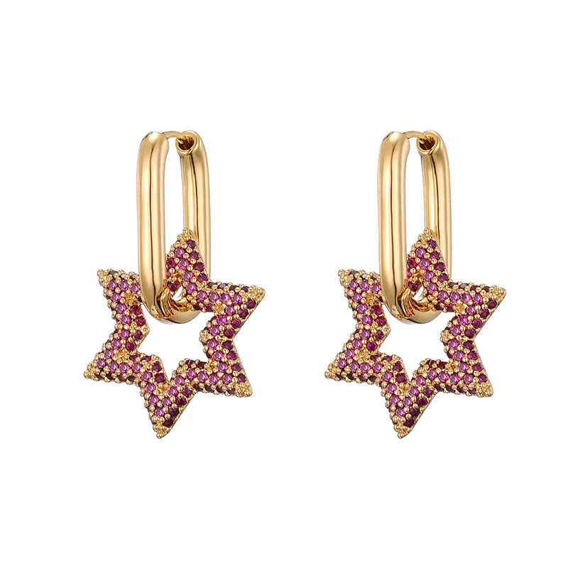 Celestara Star Zircon Hoop Earrings – Gold-Tone Geometric Drop Earrings | Colourful Cubic Zirconia | Elegant Women’s Statement Jewellery