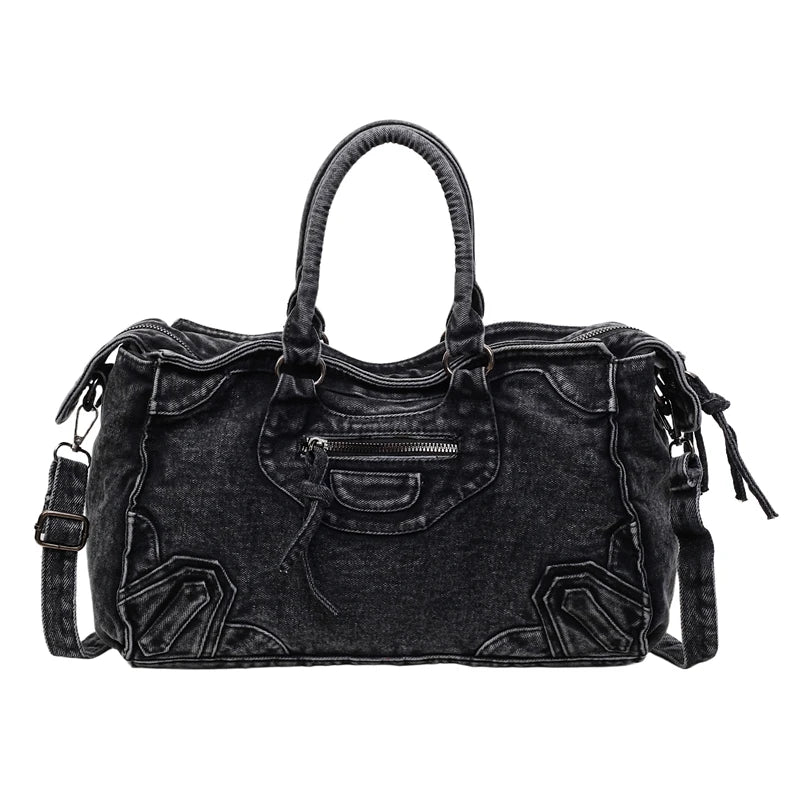 Denvara Vintage Washed Denim Tote Bag – Women's Large Capacity Shoulder Bag | Retro Rivet Detail | Casual Motorcycle-Style Handbag