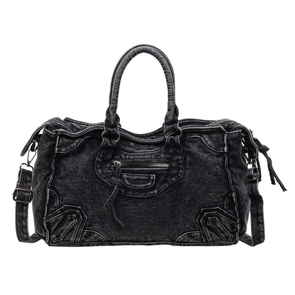 Denvara Vintage Washed Denim Tote Bag – Women's Large Capacity Shoulder Bag | Retro Rivet Detail | Casual Motorcycle-Style Handbag