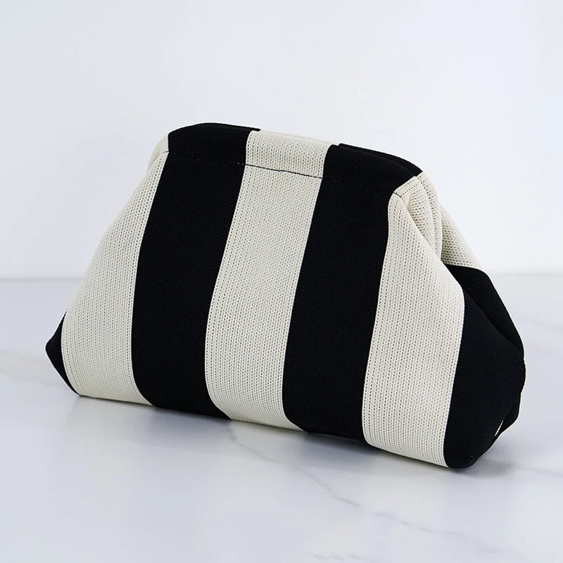 Solena Striped Woven Clutch Bag – Women’s Crochet-Style Beach Handbag | Soft Knitted Dumpling Purse | Casual Summer Clutch