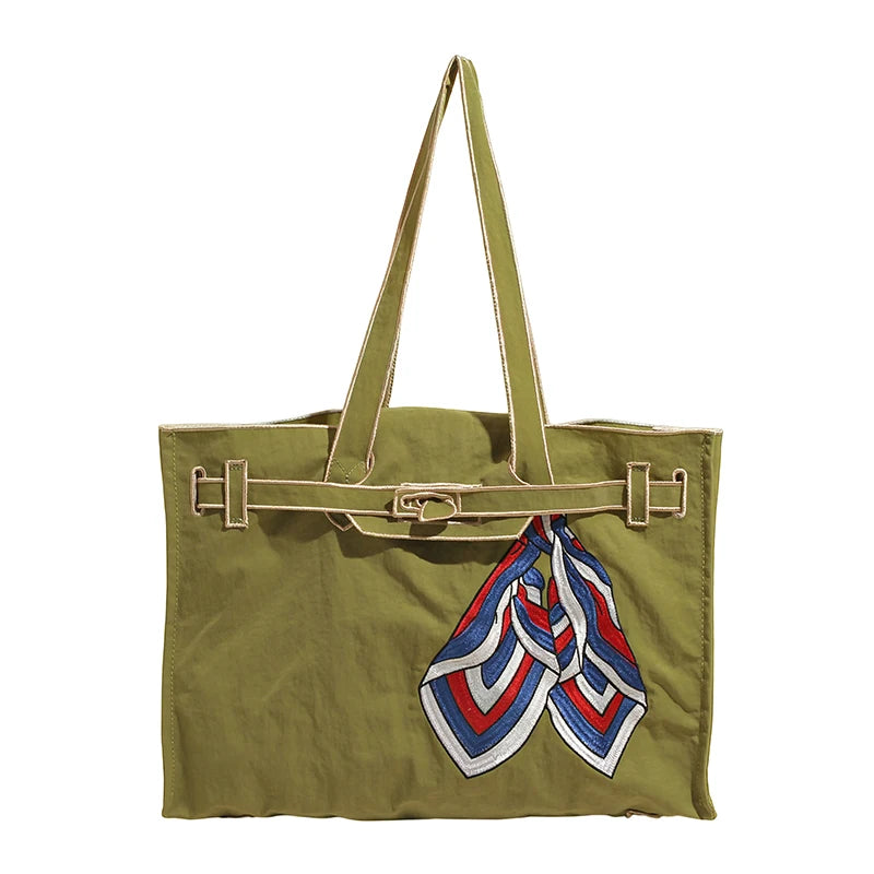 Narelle Embroidered Nylon Scarf Tote Bag – Women’s Large Capacity Shoulder Handbag | Bow Detail & Organised Interior | Retro Everyday Shopper