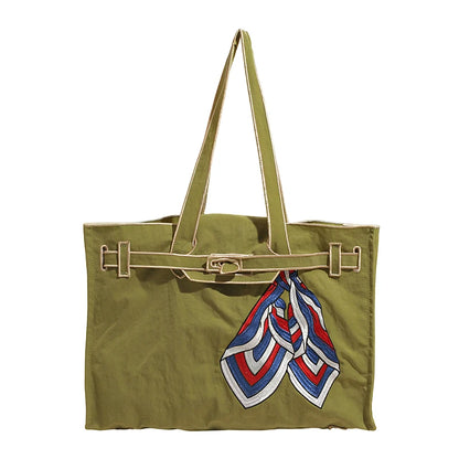 Narelle Embroidered Nylon Scarf Tote Bag – Women’s Large Capacity Shoulder Handbag | Bow Detail & Organised Interior | Retro Everyday Shopper
