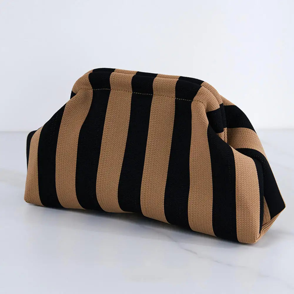 Solena Striped Woven Clutch Bag – Women’s Crochet-Style Beach Handbag | Soft Knitted Dumpling Purse | Casual Summer Clutch