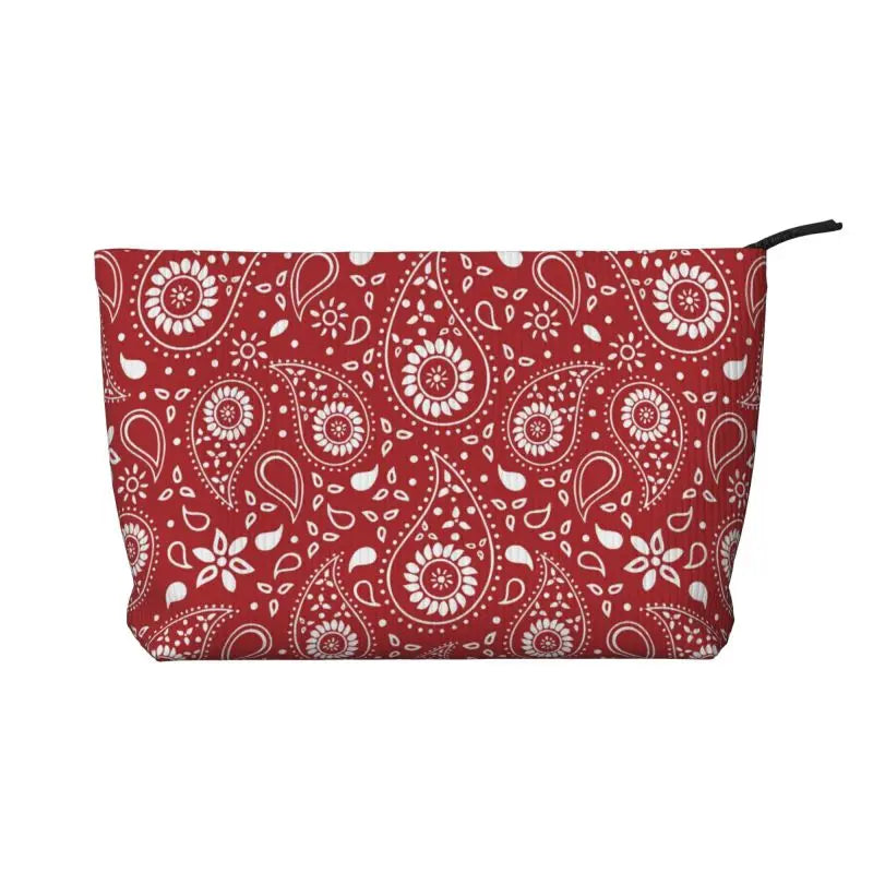 Rosavie Red Paisley Corduroy Makeup Bag – Women’s Bandana Print Cosmetic Pouch | Zip Travel Toiletry Organiser | Casual Beauty Storage Bag