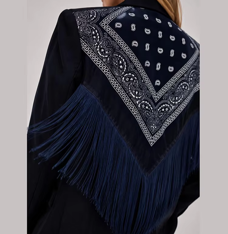 Marvella Printed Tassel Blazer – Women's Elegant Single-Breasted Jacket | Long Sleeve Lapel Blazer | Smart Casual Office Outerwear