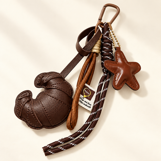 CocoaStar Croissant Leather Bag Charm – Handmade Brown Star Keyring – Saint & Rose