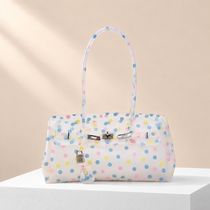 LumiCandy Jelly Shoulder Tote Bag — white plinth, warm beige background