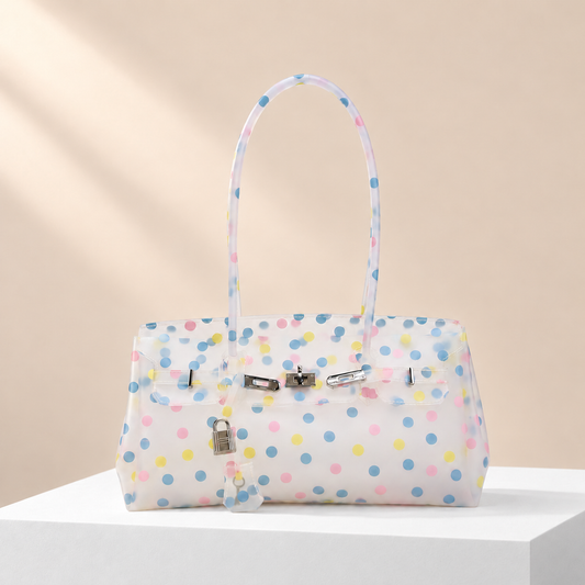 LumiCandy Jelly Shoulder Tote Bag — white plinth, warm beige background