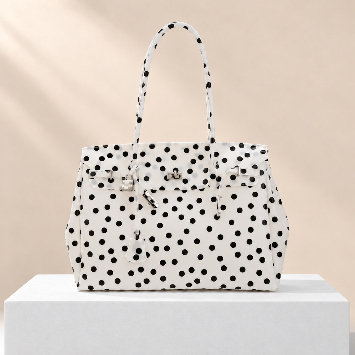 Clarabelle Large Jelly Tote Bag — white plinth, warm beige background