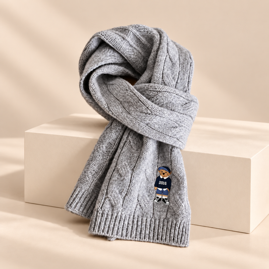 Bramwell Australian Wool Cable Knit Scarf — warm beige studio background