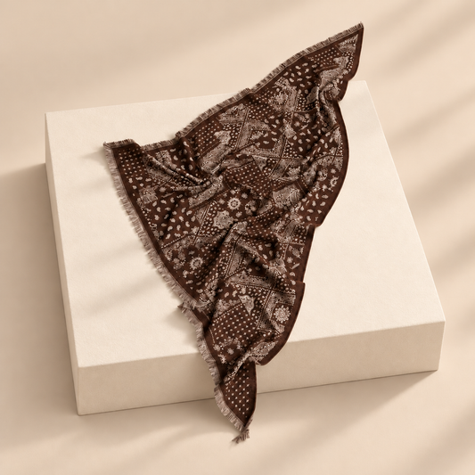 Aveline Jacquard-Style Triangle Scarf — warm beige studio background