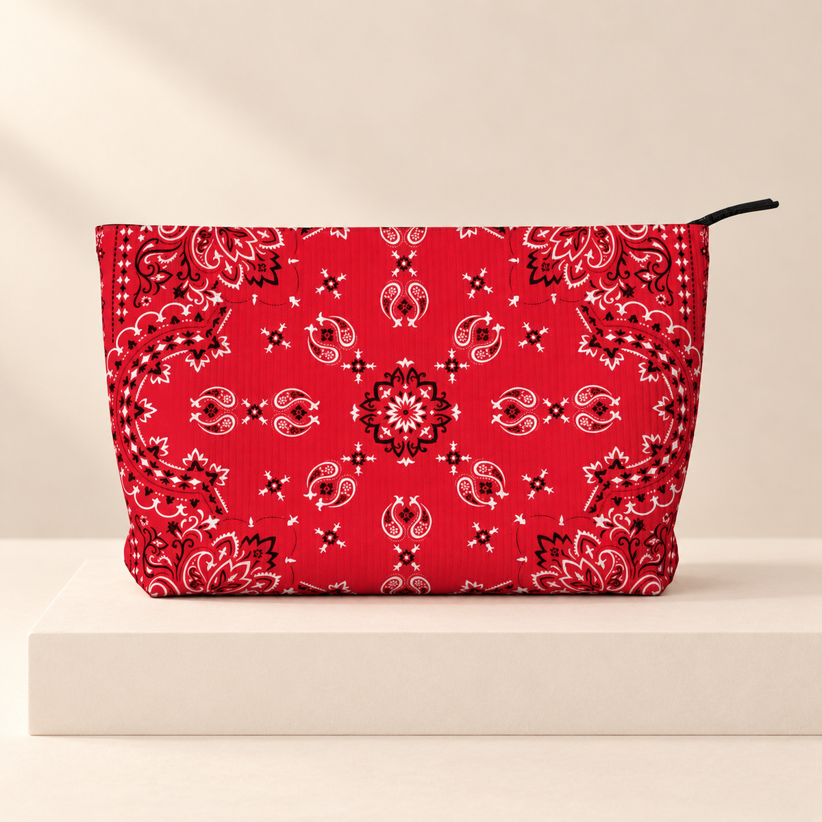 Rosavie Red Paisley Corduroy Makeup Bag — ivory studio product photograph