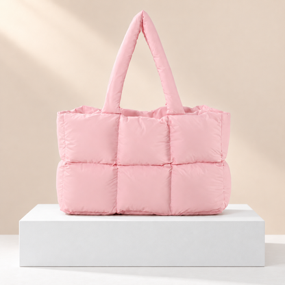 Tessavie Quilted Checkered Tote Bag — white plinth, warm beige background