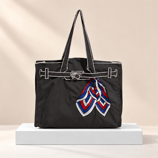 Narelle Embroidered Nylon Scarf Tote Bag — white plinth, warm beige background