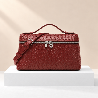 Velmora Geometric Pattern Bag — white plinth, warm beige background