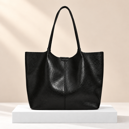 Verdelis Classic Shoulder Tote — white plinth, warm beige background