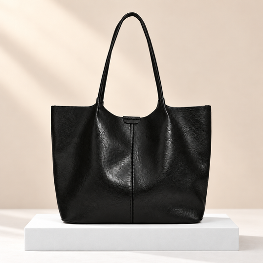 Verdelis Classic Shoulder Tote — white plinth, warm beige background