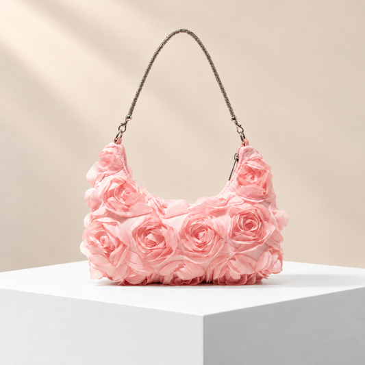 Rosavelle Rosette Shoulder Bag — white plinth, warm beige background