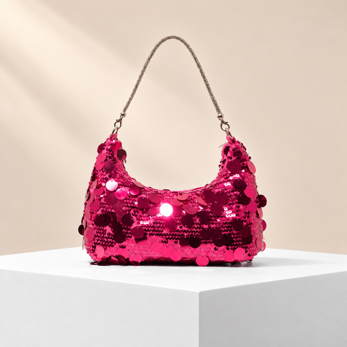 Seraphine Sequin Shoulder Bag — white plinth, warm beige background