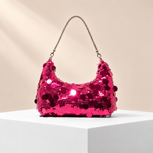 Seraphine Sequin Shoulder Bag — white plinth, warm beige background