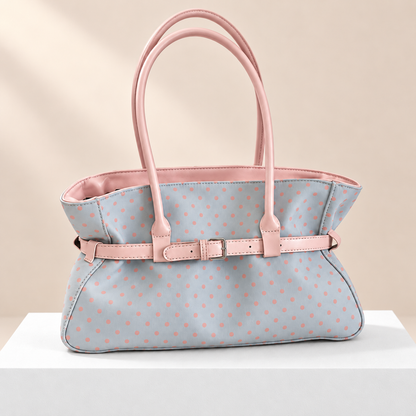 Avelora Polka Dot Shoulder Tote — white plinth, warm beige background