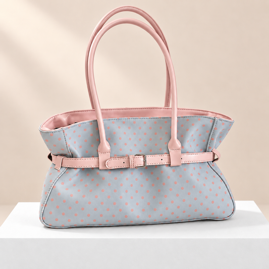 Avelora Polka Dot Shoulder Tote — white plinth, warm beige background