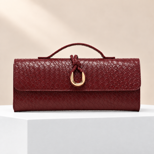 Varelle Woven-Effect Flap Handbag — white plinth, warm beige background