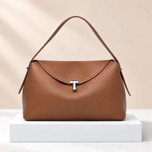 Bravelle Flap Shoulder Bag — white plinth, warm beige background