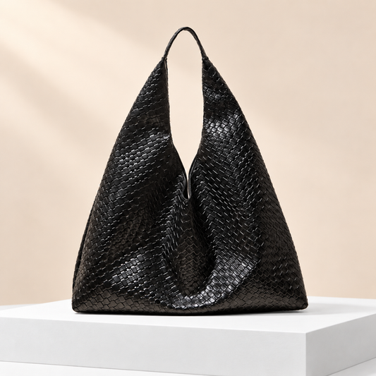 Geovelle Woven-Effect Shoulder Tote — white plinth, warm beige background
