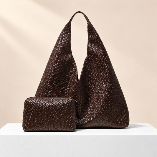 Viremont Woven-Effect Shoulder Tote — white plinth, warm beige background