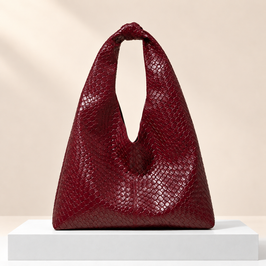 Valenne Woven-Effect Shoulder Tote — white plinth, warm beige background