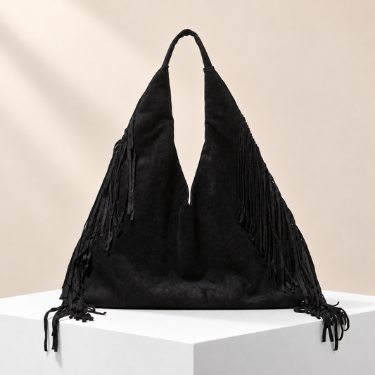 Aurevine Fringe Shoulder Tote — white plinth, warm beige background