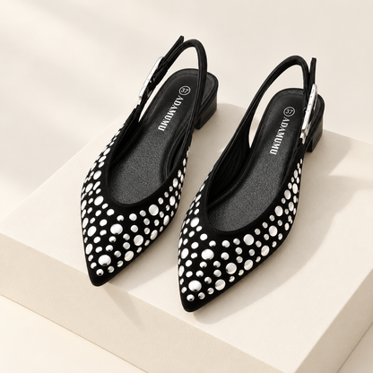 Virelle Studded Pointed-Toe Slingback Flats — studio view