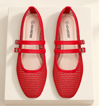 Mireva Mesh Double-Strap Mary Jane Flats — ivory studio gallery photograph