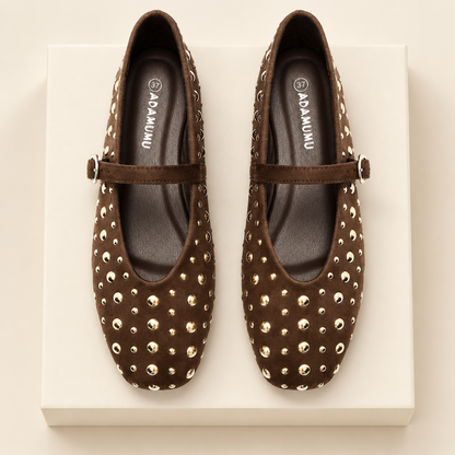 Aurevia Gold-Tone Studded Mary Jane Flats — ivory studio gallery photograph