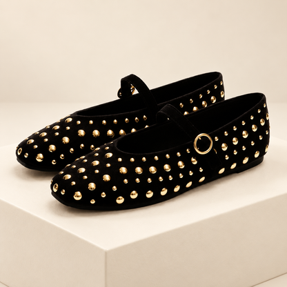 Aurevia Gold-Tone Studded Mary Jane Flats — ivory studio gallery photograph