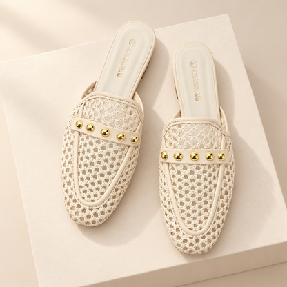 Rivelle Woven Studded Mule Flats — angle view