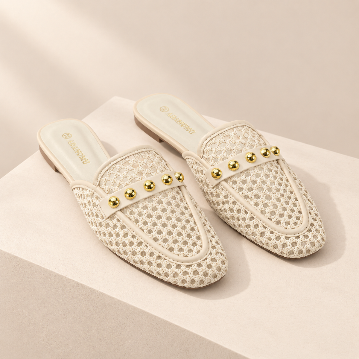 Rivelle Woven Studded Mule Flats — hero view