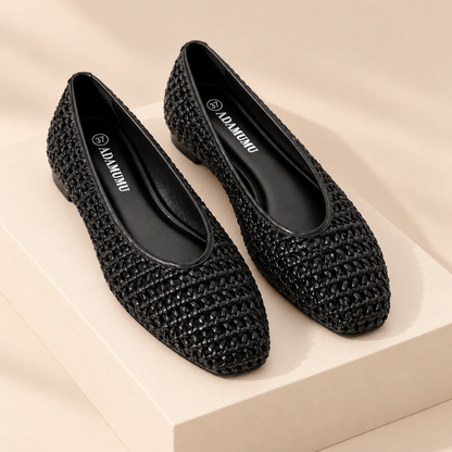 Tessara Woven Square-Toe Slip-On Flats — warm beige studio background