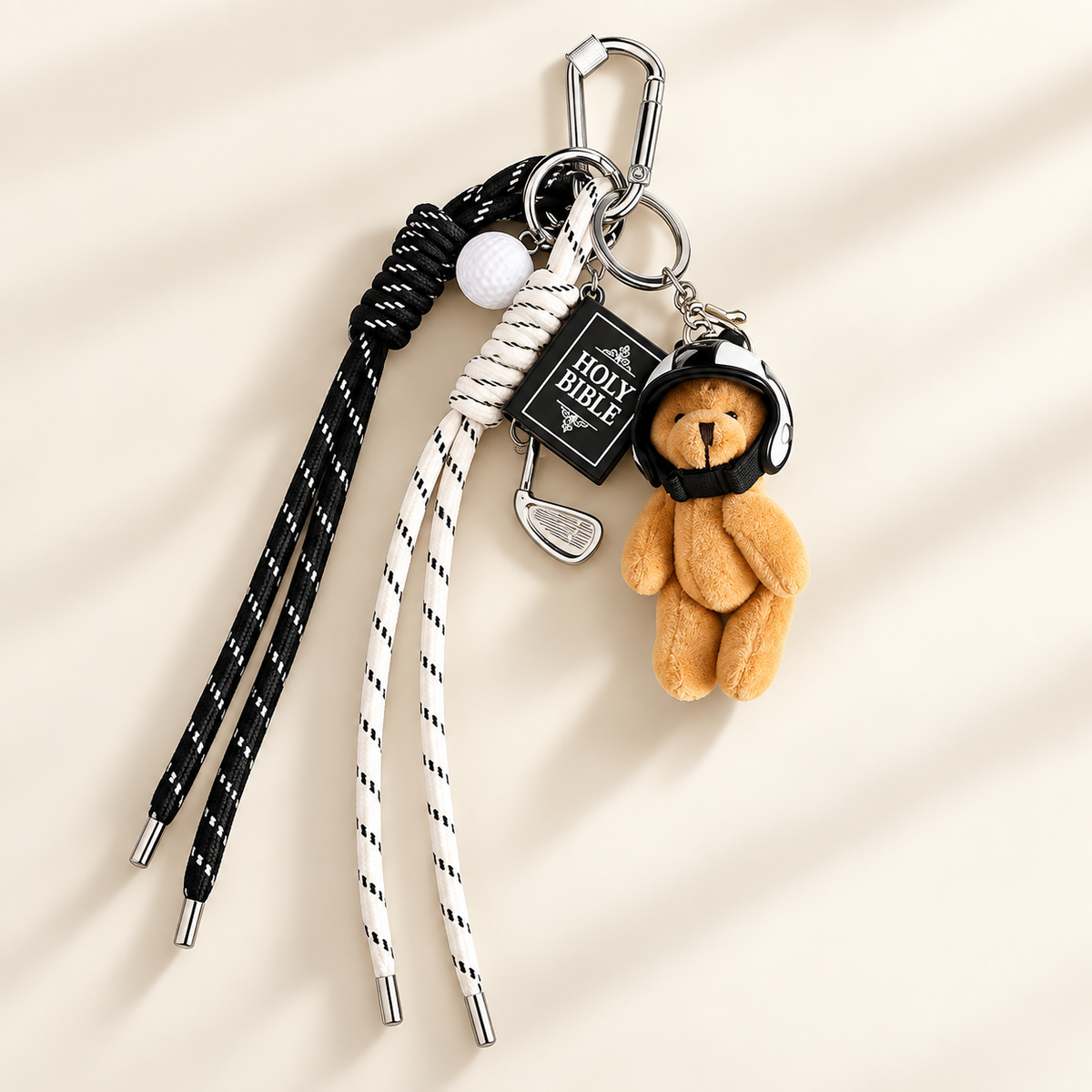 KnotPop Multi-Charm Woven Rope Keychain – Colourful Bear & Baseball Bag Charm – Saint & Rose