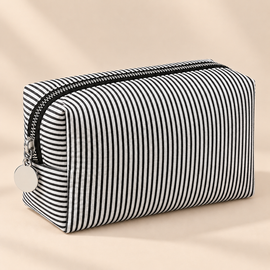 Rosalie Striped Cosmetic Bag — warm beige studio background