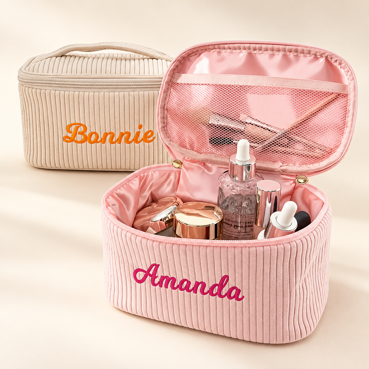 Velmora Personalised Corduroy Makeup Bag – Custom Name Embroidered Cosmetic Case – Saint & Rose