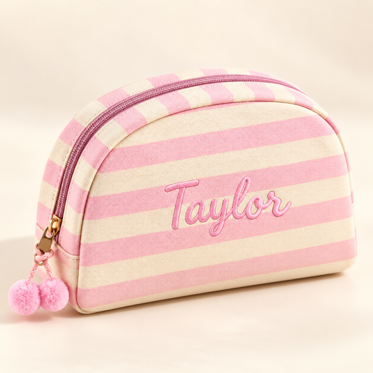 Marielle Personalised Striped Makeup Bag – Custom Name Embroidered Cosmetic Pouch – Saint & Rose