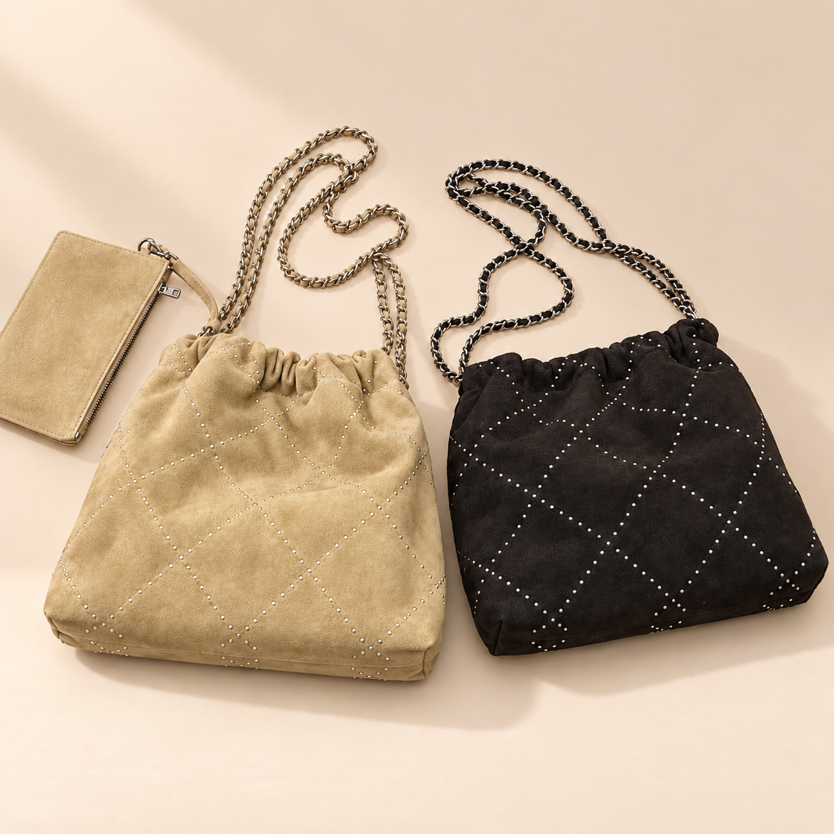 Seravelle Suede Diamond Bucket Bag — warm beige studio background