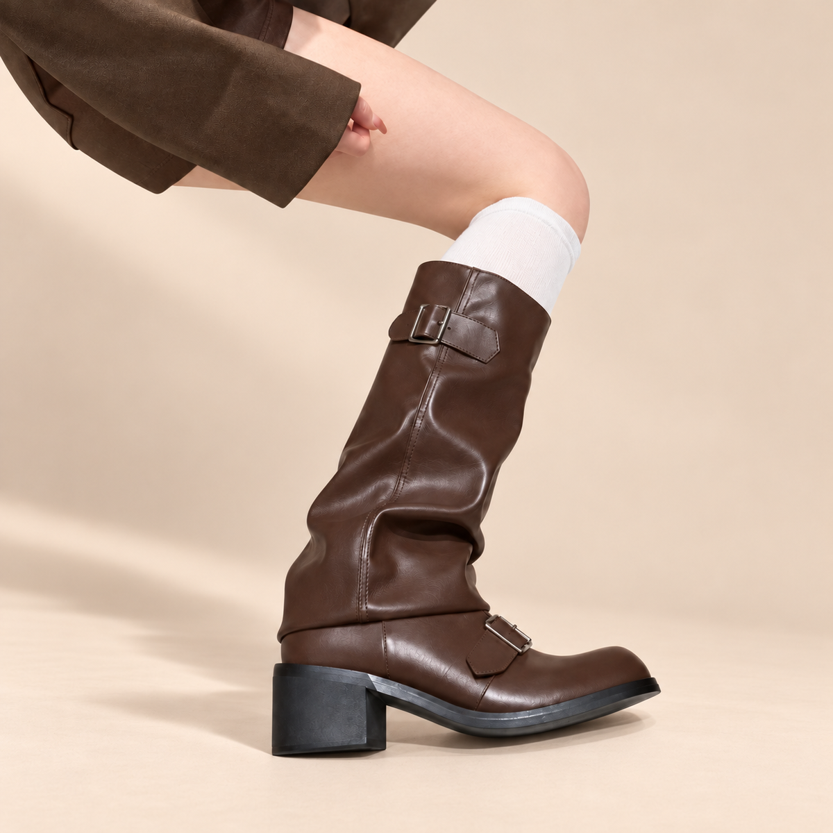 Vespera Buckle Detail Mid-Calf Boots — warm beige studio background