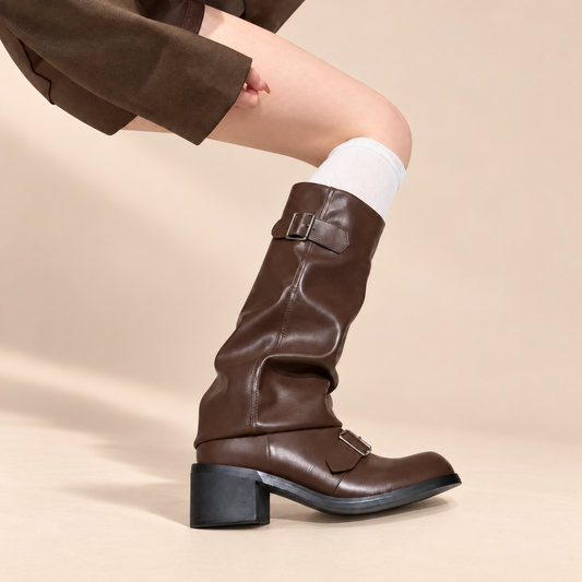 Vespera Buckle Detail Mid-Calf Boots — warm beige studio background