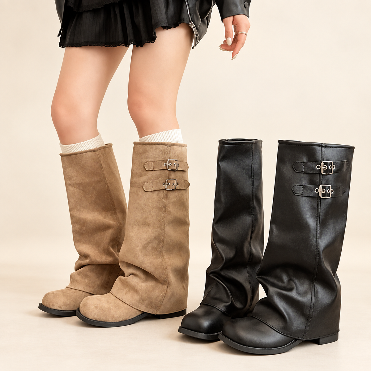 Montelle Foldover Slouchy Moto Boots – Women’s Mid-Calf Slip-On Boots – Saint & Rose
