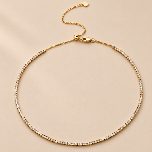 Celestia 2mm Moissanite Tennis Necklace — warm beige studio background