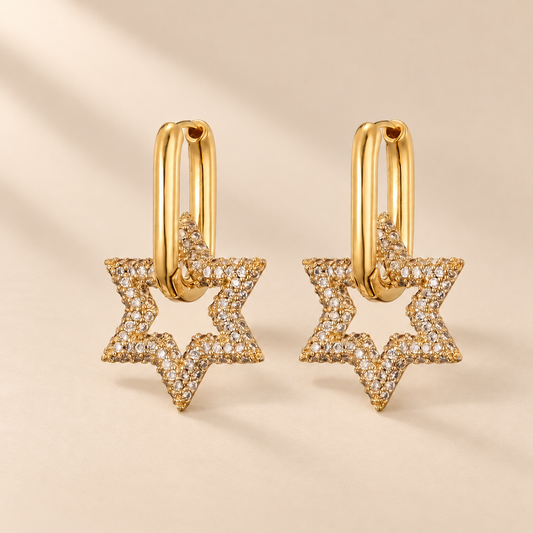 Celestara Star Zircon Hoop Earrings — warm beige studio background