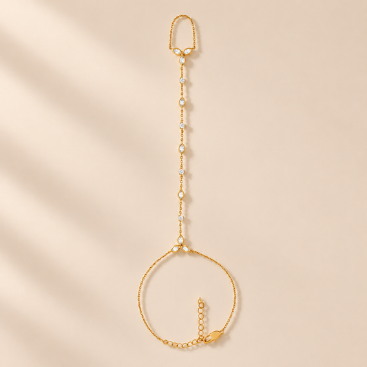 ElaraDrop Zircon Finger Chain Bracelet — warm beige studio background